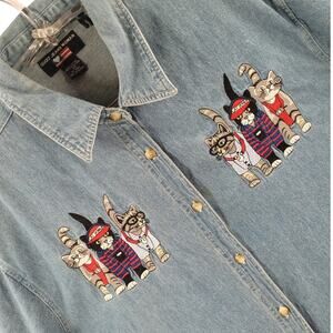 Quiz Jeans Denim Cat Blouse Blue Embroidered Button Up Vintage Cute‎